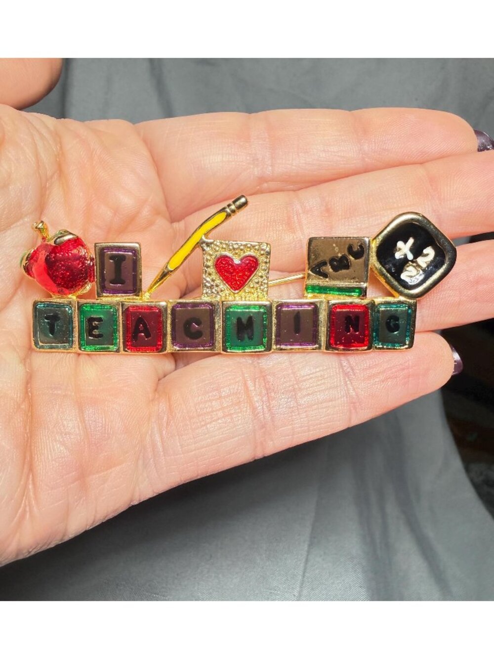 Vintage I Love Teaching Brooch Apple Pencil School Pin 2.75"